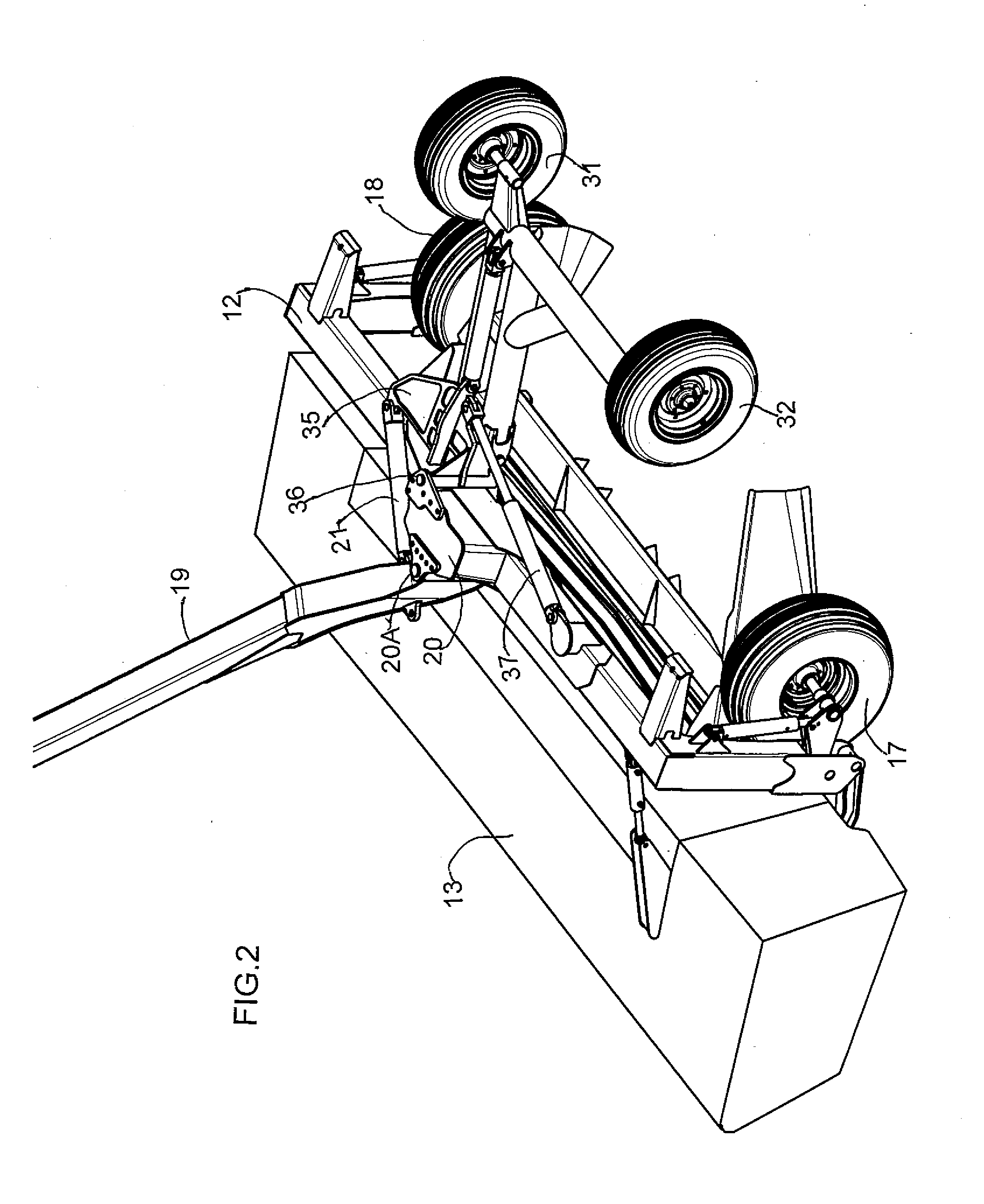 Pull-type crop harvesting machine transport system where the machine remains balanced on transport wheels and the hitch as the transport system is deployed