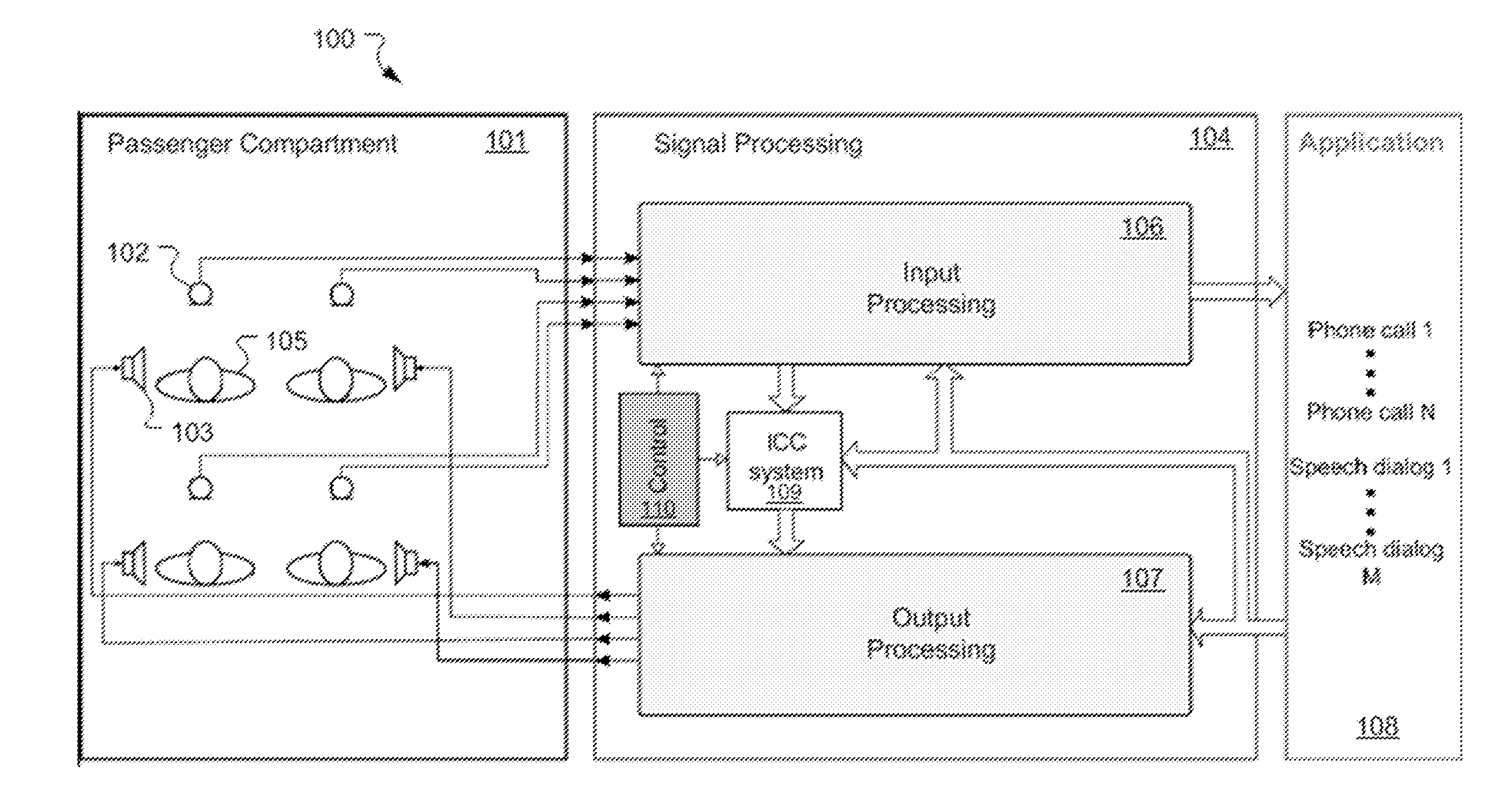 Speech communication system for combined voice recognition, hands-free telephony and in-car communication