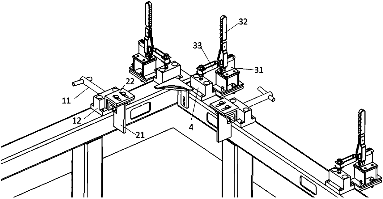 Right-side front door frame assembling and welding tool and installing and adjusting method thereof