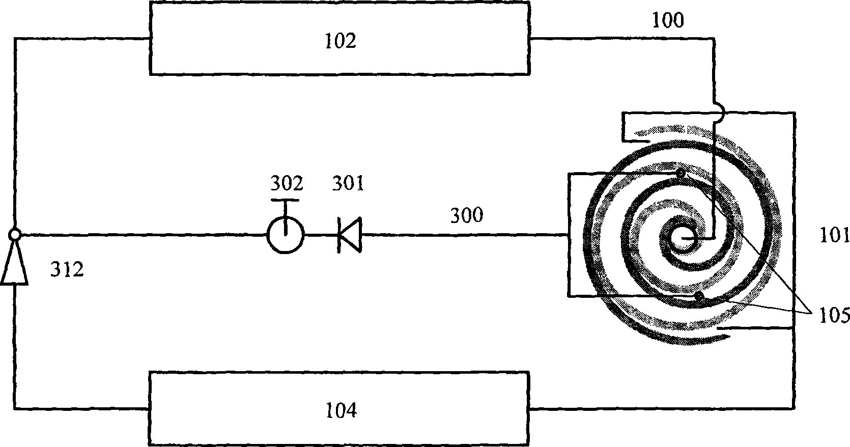 Capacity adjustable vortex compressor refrigeration system with main return loop installed with ejector