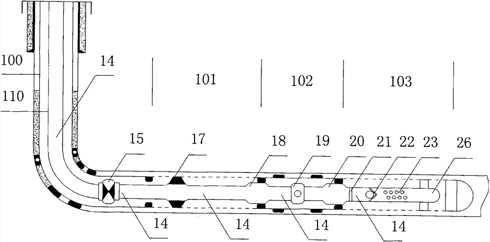 Well completion and oil production string of horizontal well and well completion and oil production processes thereof