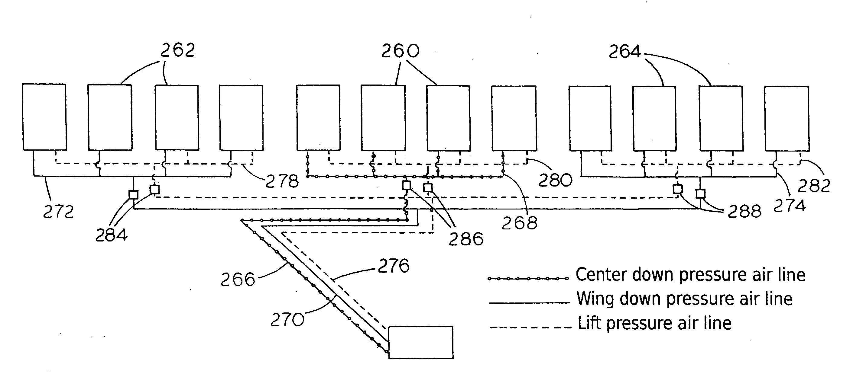 Pneumatic system for operating row treating units for multi-row agriculture implements