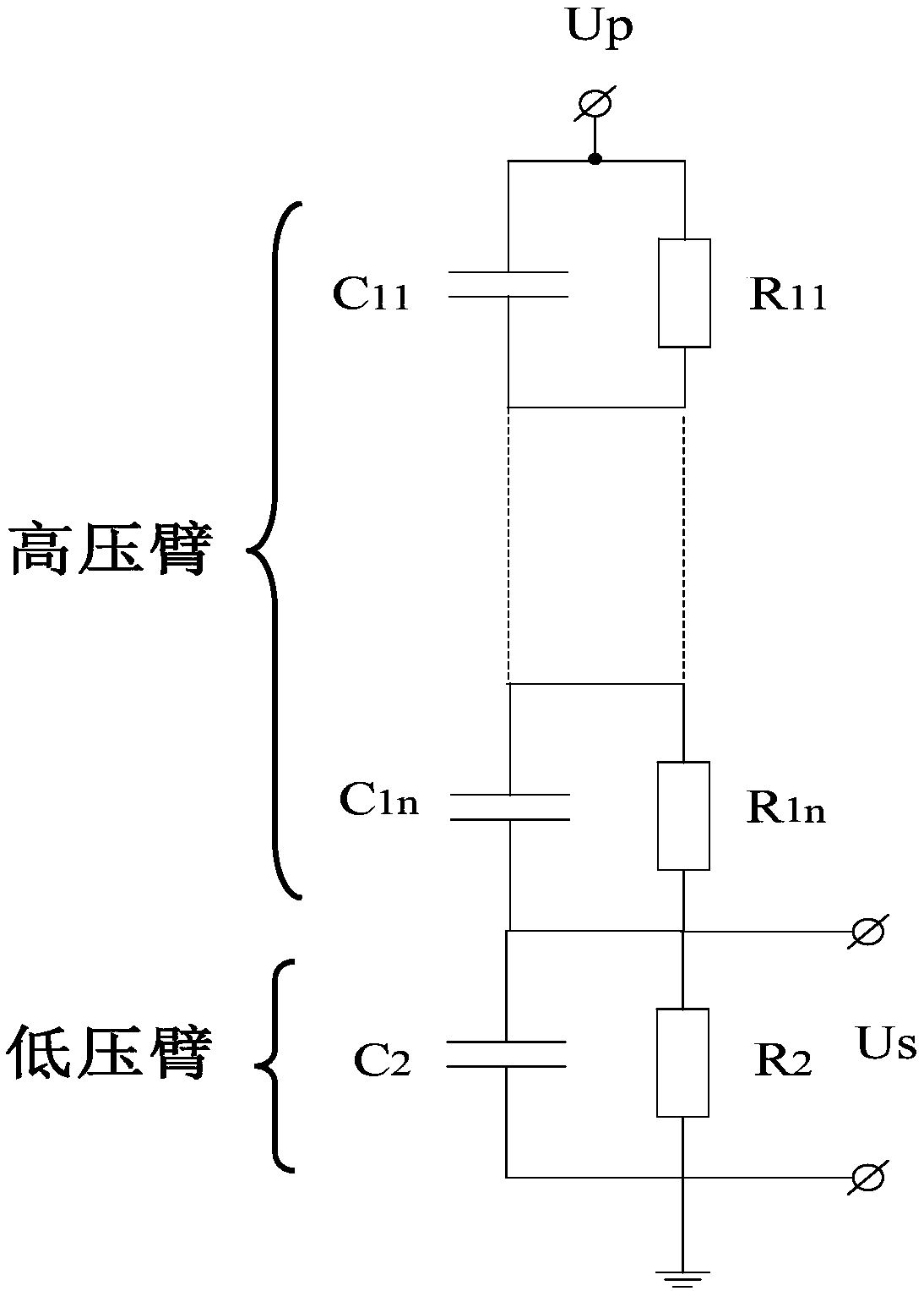 Broadband voltage transformer with resistance-capacitance parallel-serial topological units