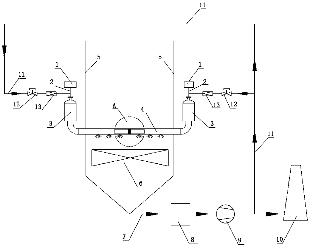 Long-spray-pipe shock wave soot blower with functions of cooling and preventing soot accumulation