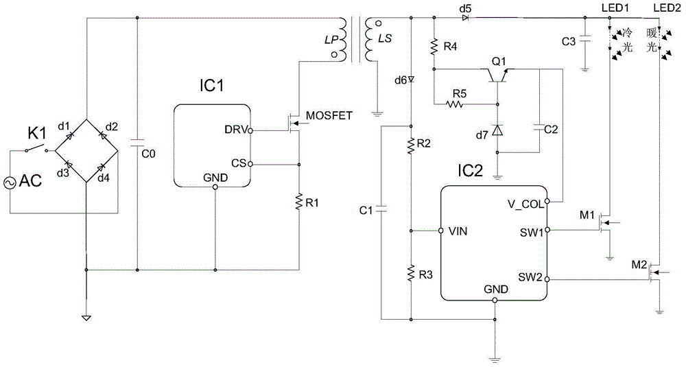 LED (Light Emitting Diode) color temperature regulating chip and application circuit thereof