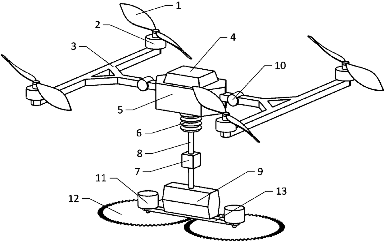 Tree barrier clearing aerial robot provided with rope suspended tools