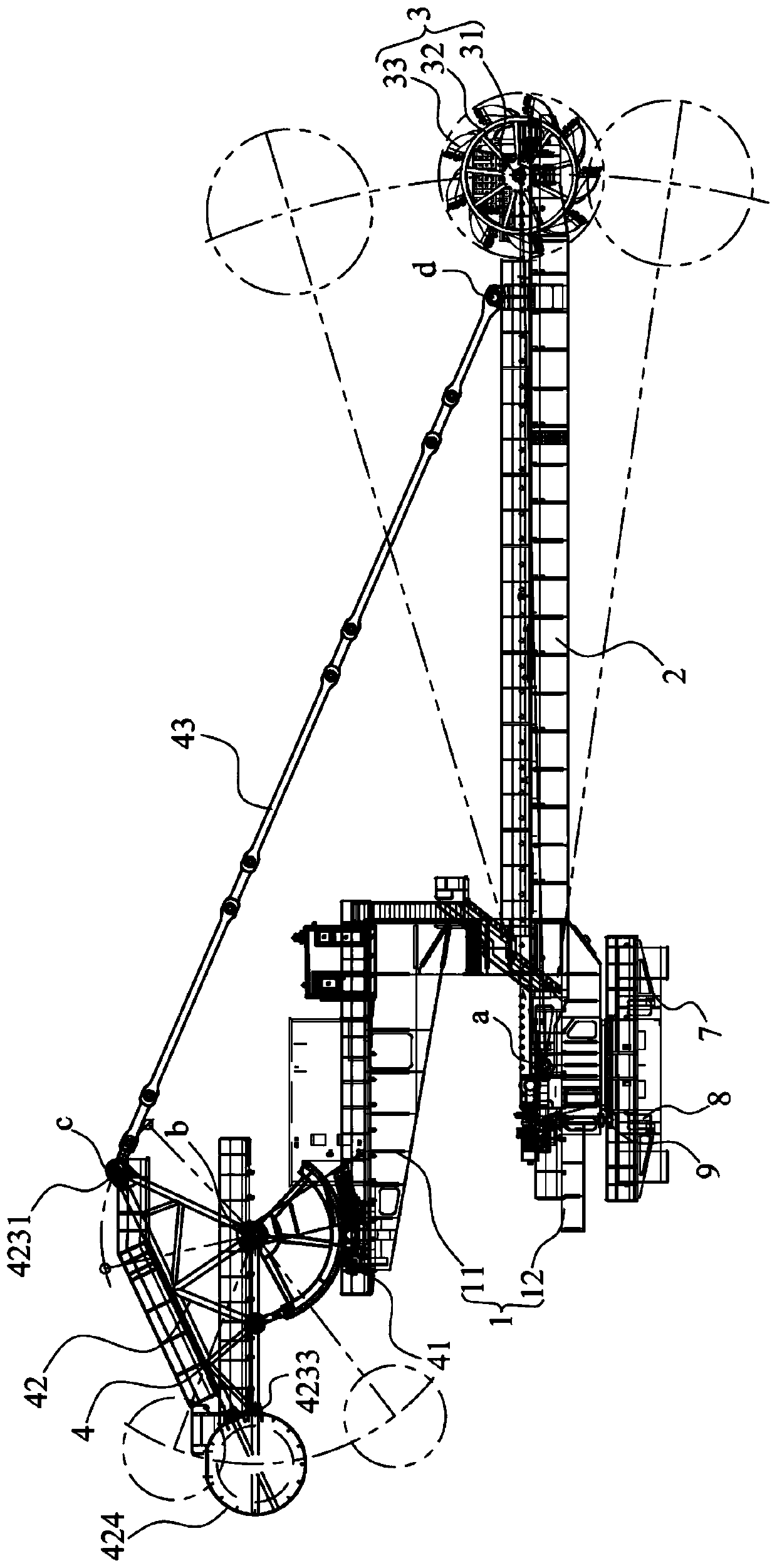 Pitching system and bucket wheel stacking and picking machine