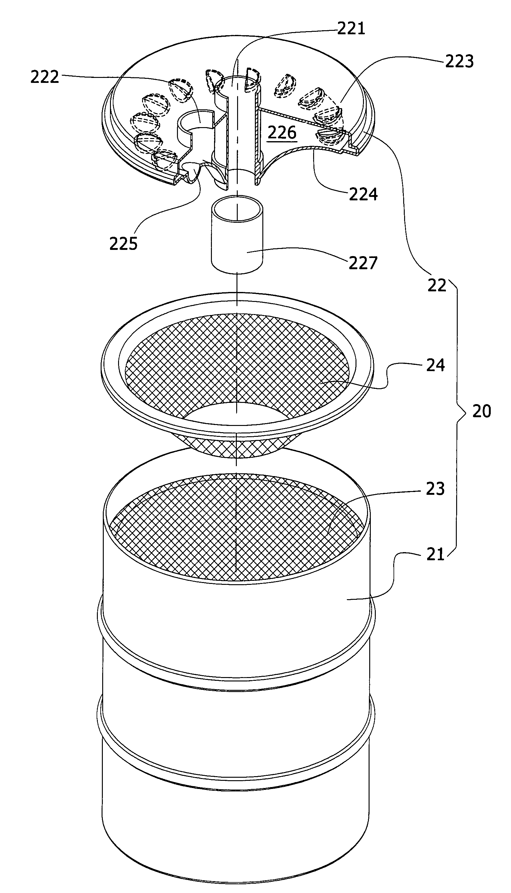 Structure of an impurities collecting bucket for an air separator and purifier