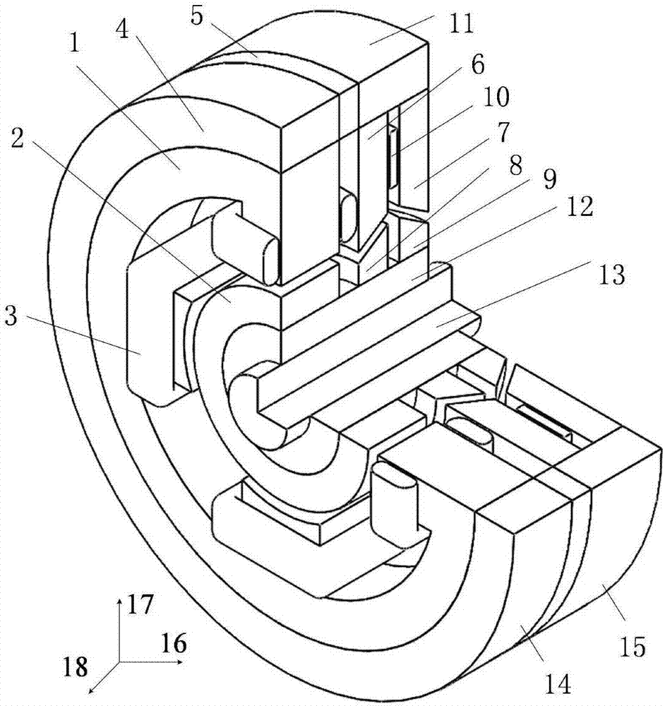 Three-degree-of-freedom mixing conical and radial magnetic bearing