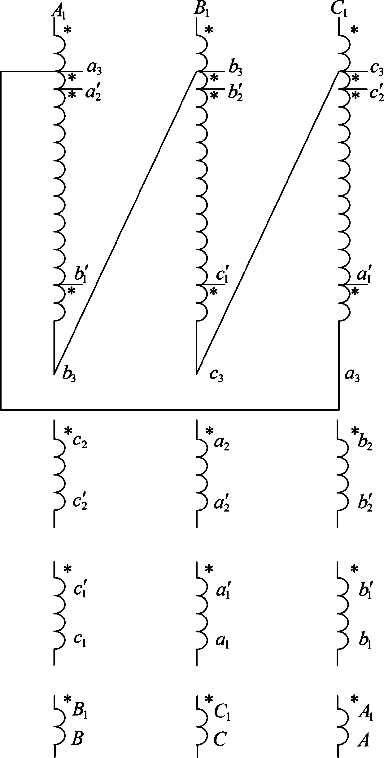 Design scheme of three-phase to nine-phase step-up step-down auto-coupling phase-shifting transformer