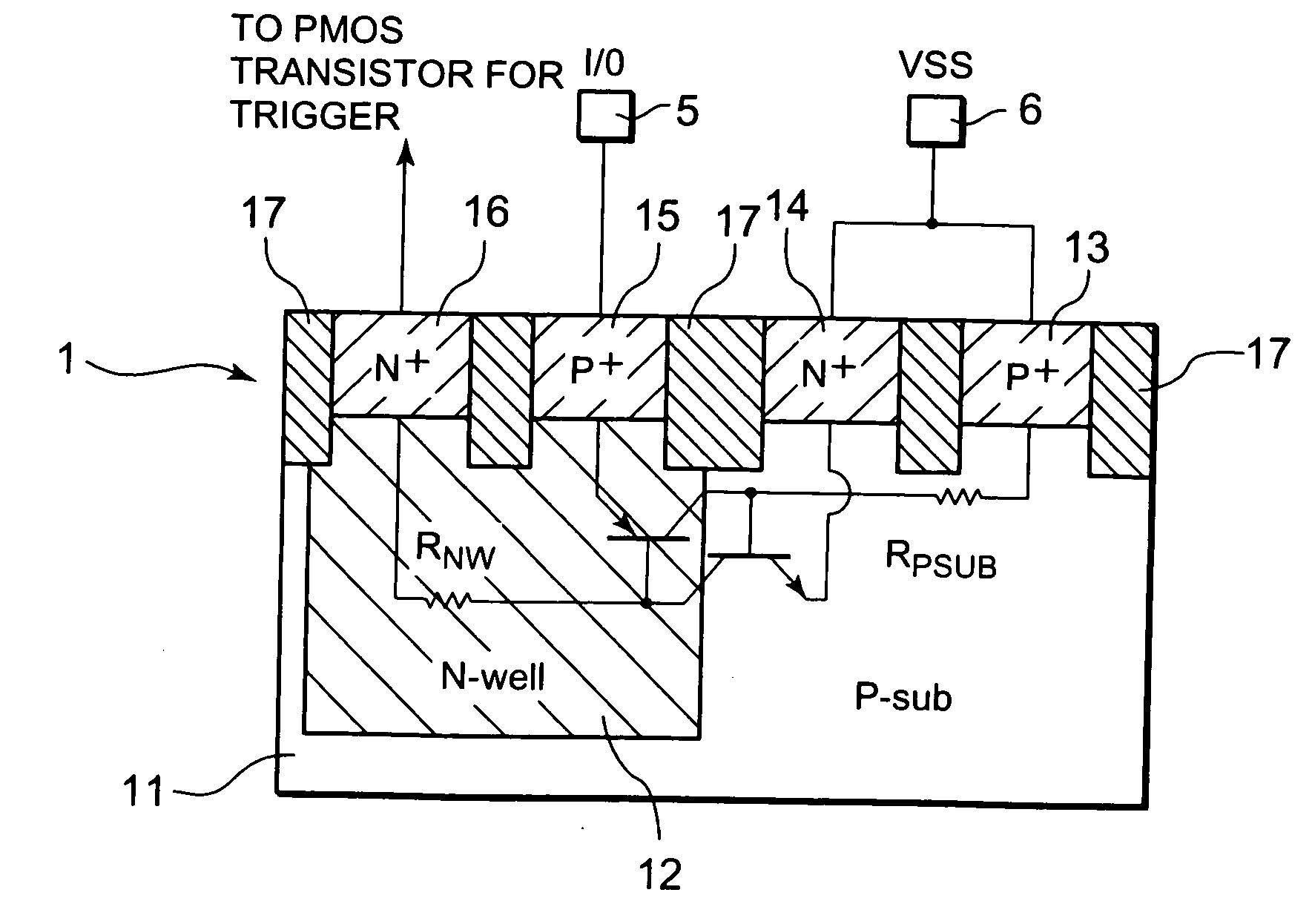 Semiconductor circuit including electrostatic discharge circuit having protection element and trigger transistor