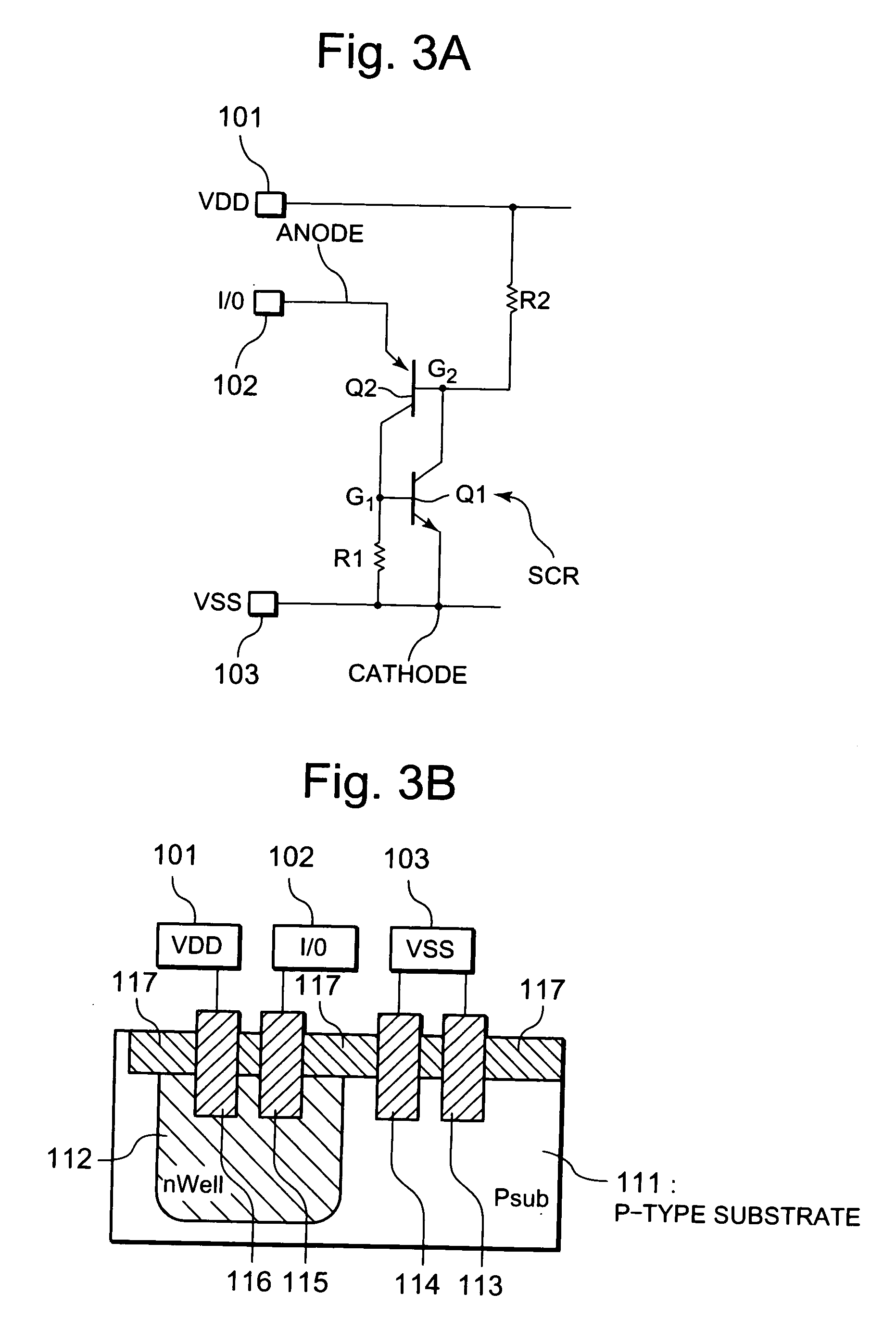 Semiconductor circuit including electrostatic discharge circuit having protection element and trigger transistor