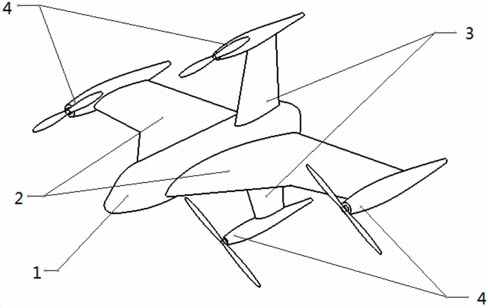 Tailstock type quad-rotor tailless configuration aircraft capable of taking off and landing perpendicularly