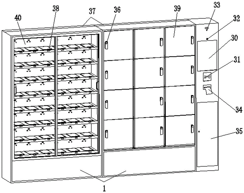 Food distribution and delivery cabinet with storage bin and food section storing and taking-out management and temperature-controlled processing functions
