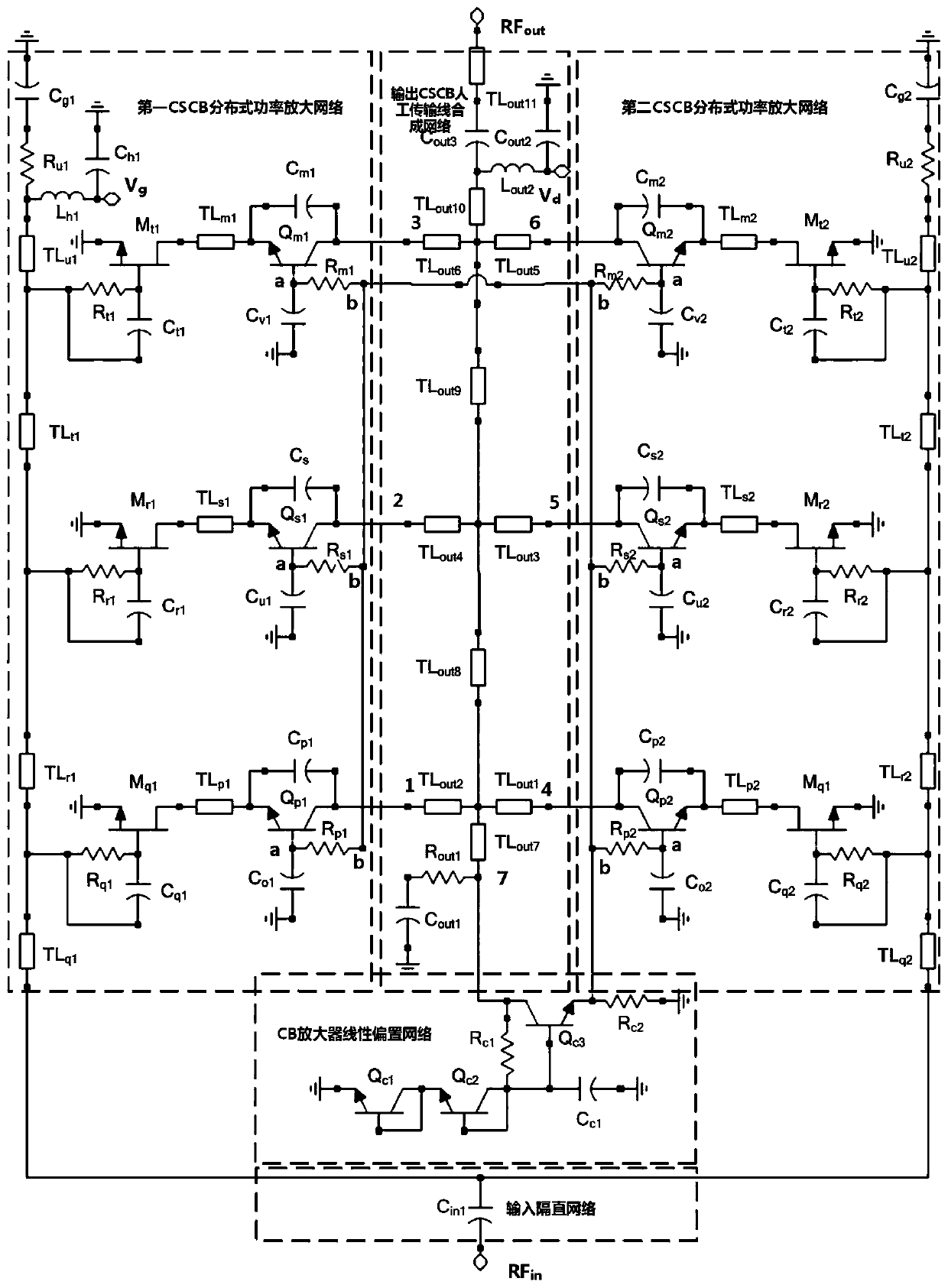 Two-dimensional distribution type common-source common-base power amplifier