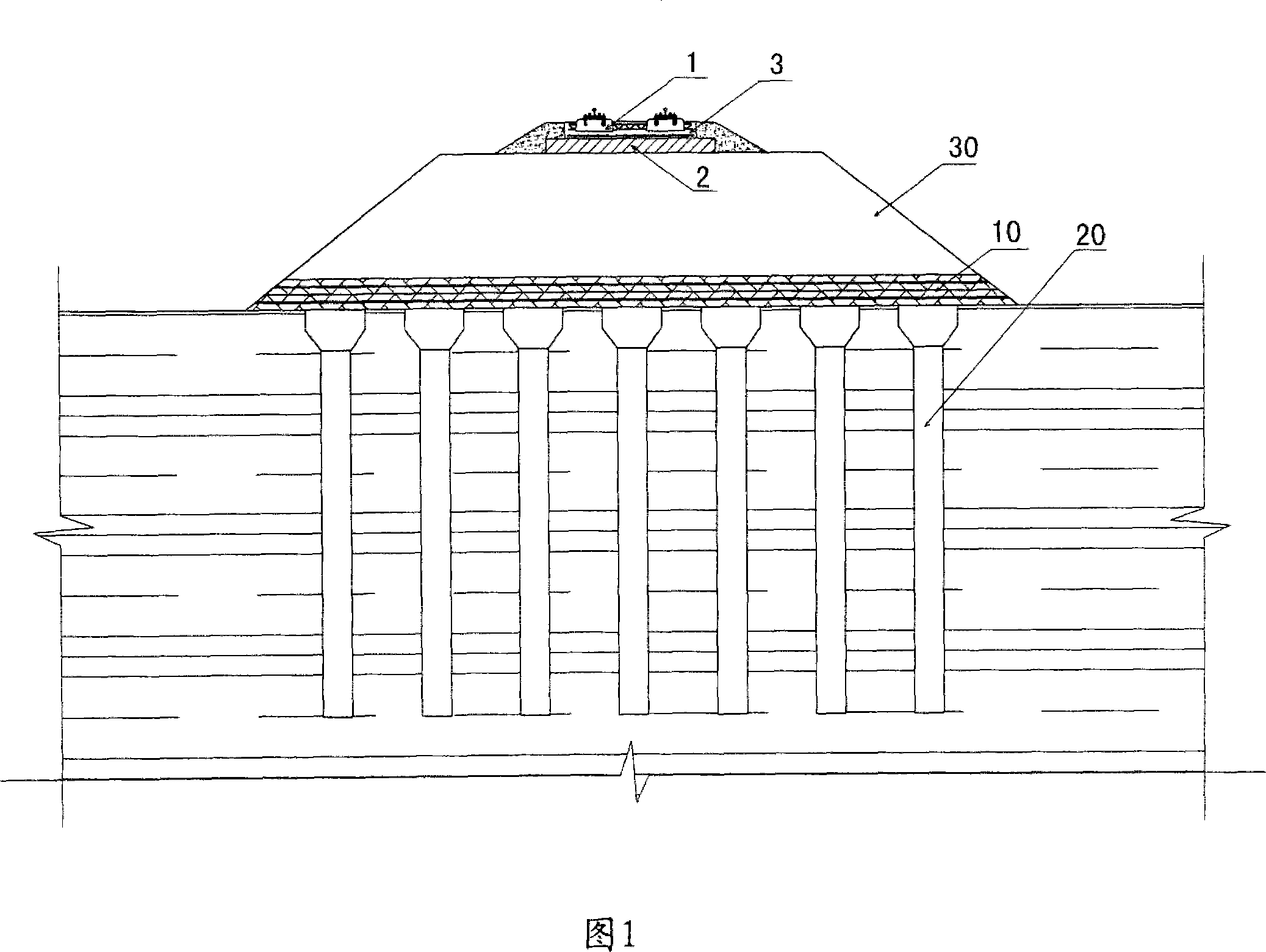 Slag-free orbit reinforced concrete pile net structure roadbed and construction method thereof