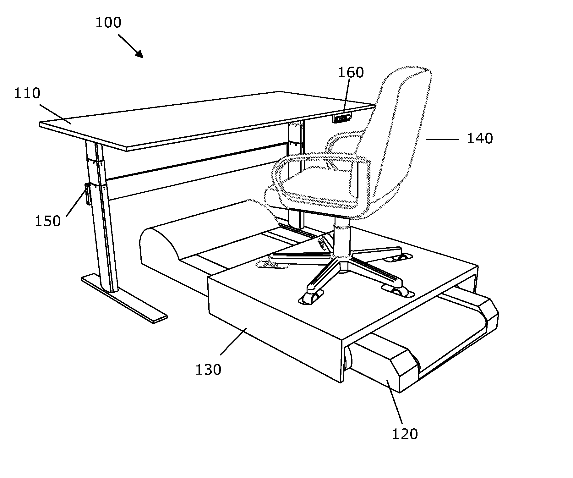 Desk treadmill assembly with chair platform