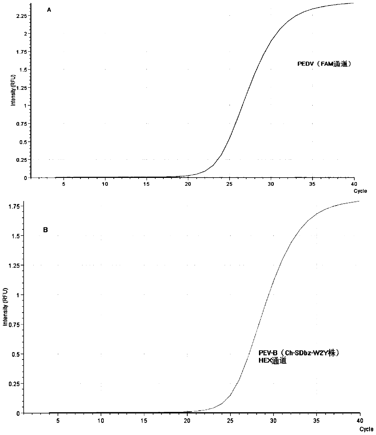 Method for detecting porcine epidemic diarrhea virus and B-type porcine enterovirus by using double real-time fluorescene quantification RT-PCR