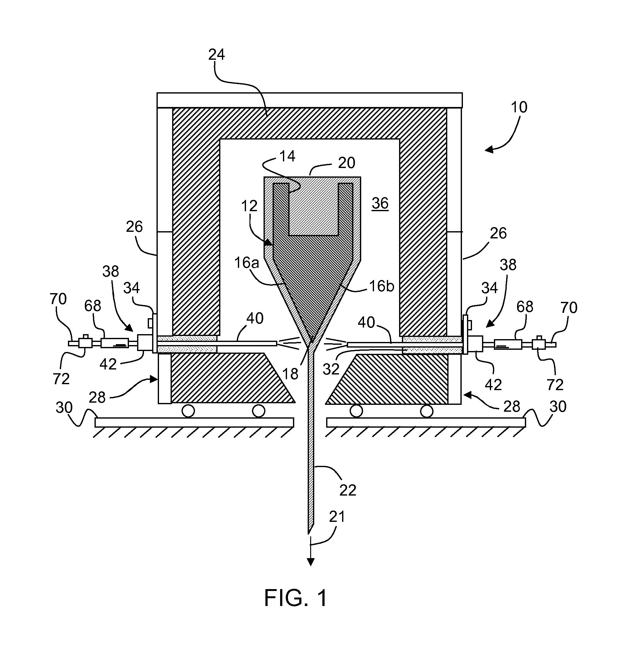Apparatus and method for controlling thickness of a flowing ribbon of molten glass