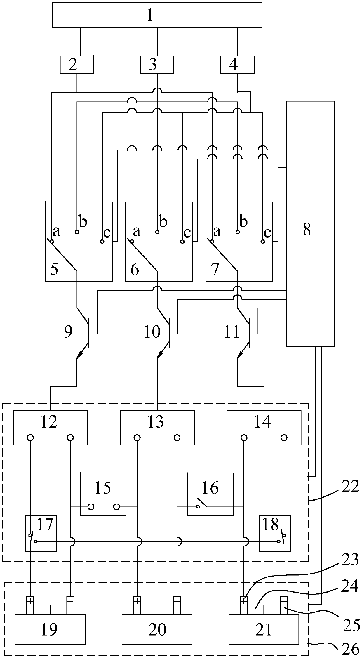 A charging device capable of charging and discharging batteries in series