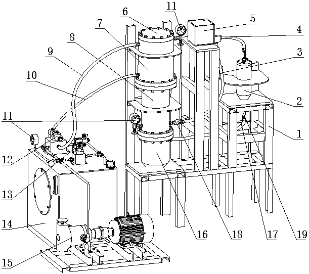 Pressure cylinder type liquid-solid mixed jet experimental device