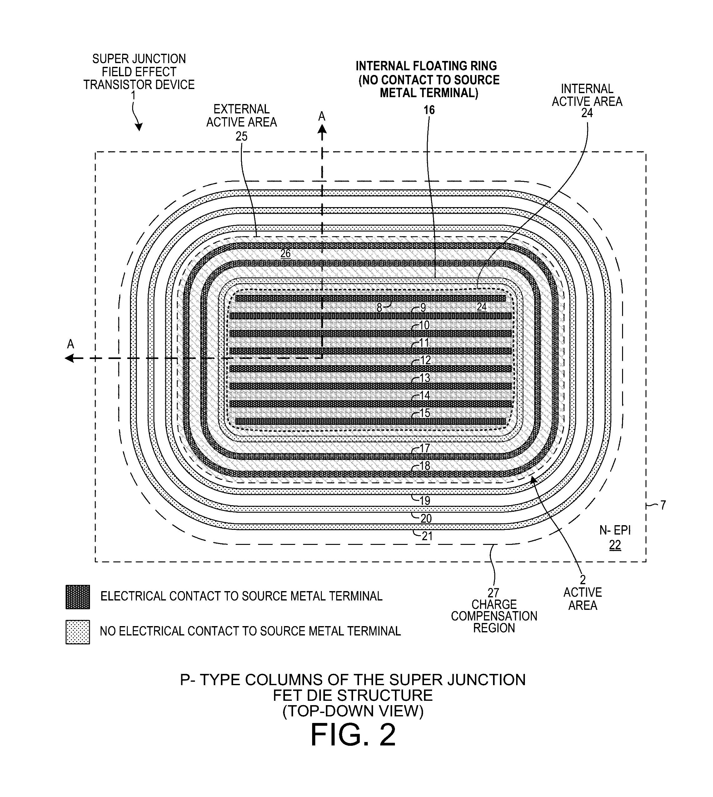 Super junction field effect transistor with internal floating ring