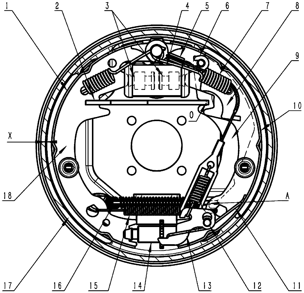 Self-adjustable servo type service drum brake with parking function