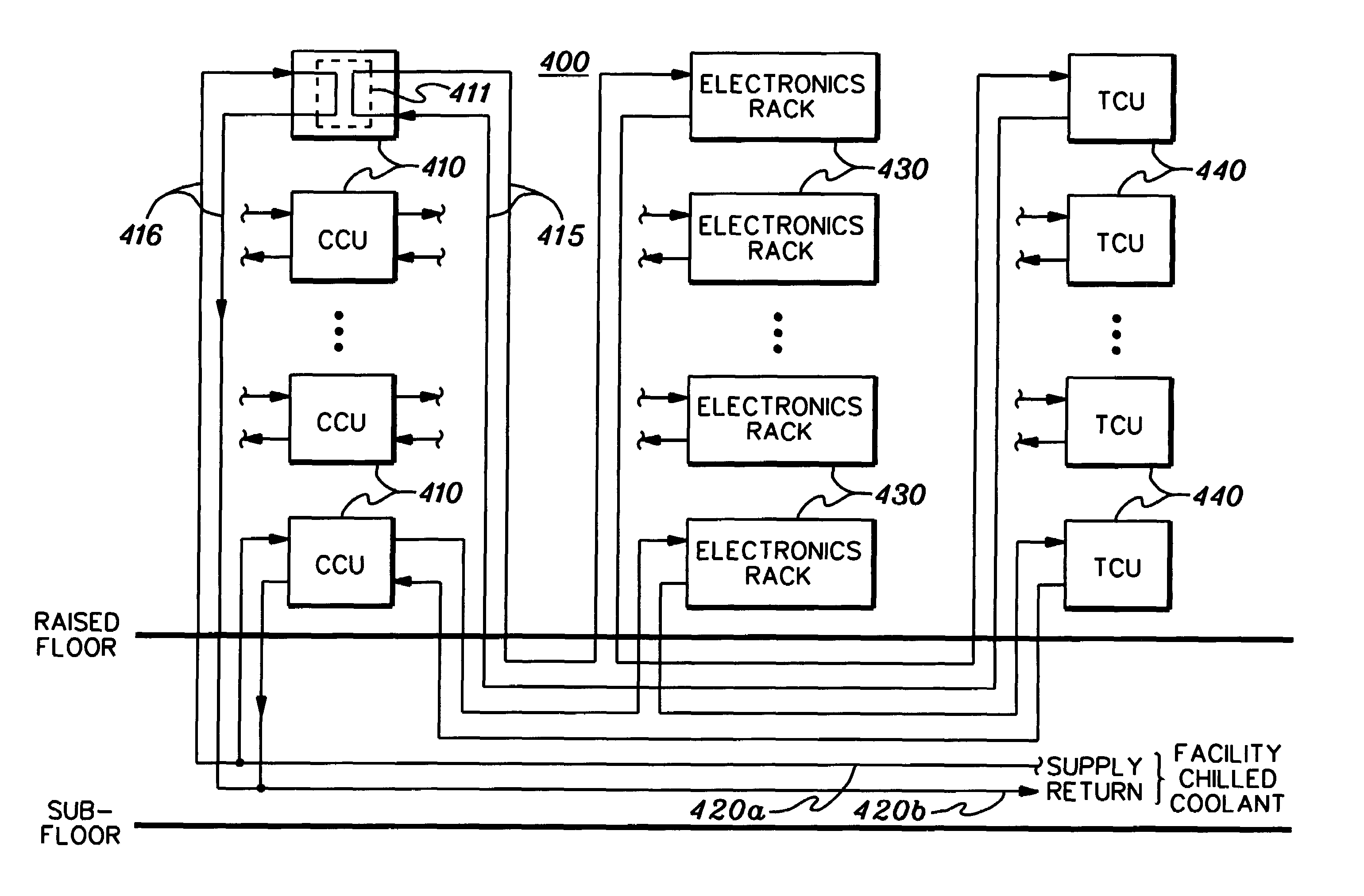 Cooling system and method employing auxiliary thermal capacitor unit for facilitating continuous operation of an electronics rack