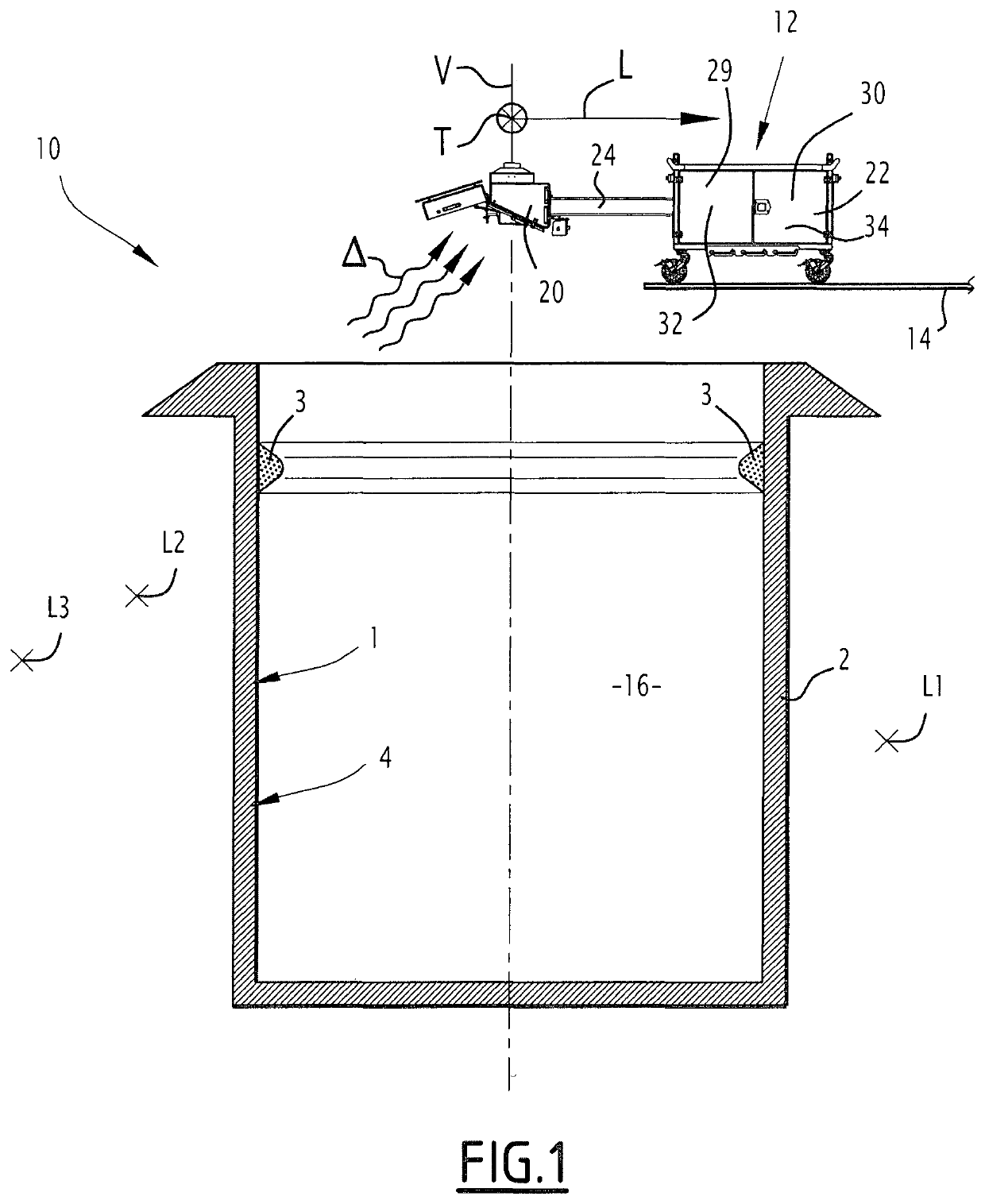 Process and device for measuring wear of a refractory lining of a receptacle intended to contain molten metal