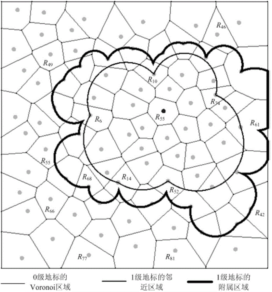 Hierarchical spatial location description method and device based on Voronoi diagram and landmark