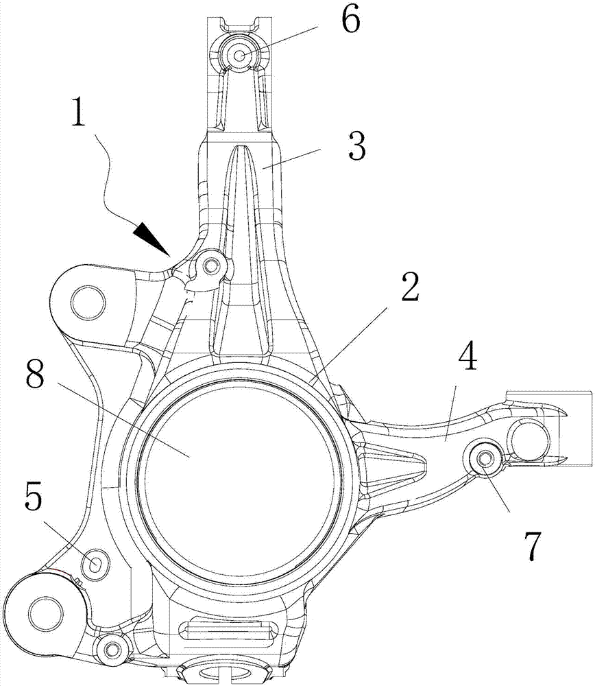 Automobile steering knuckle as well as steering knuckle positioning and fastening device