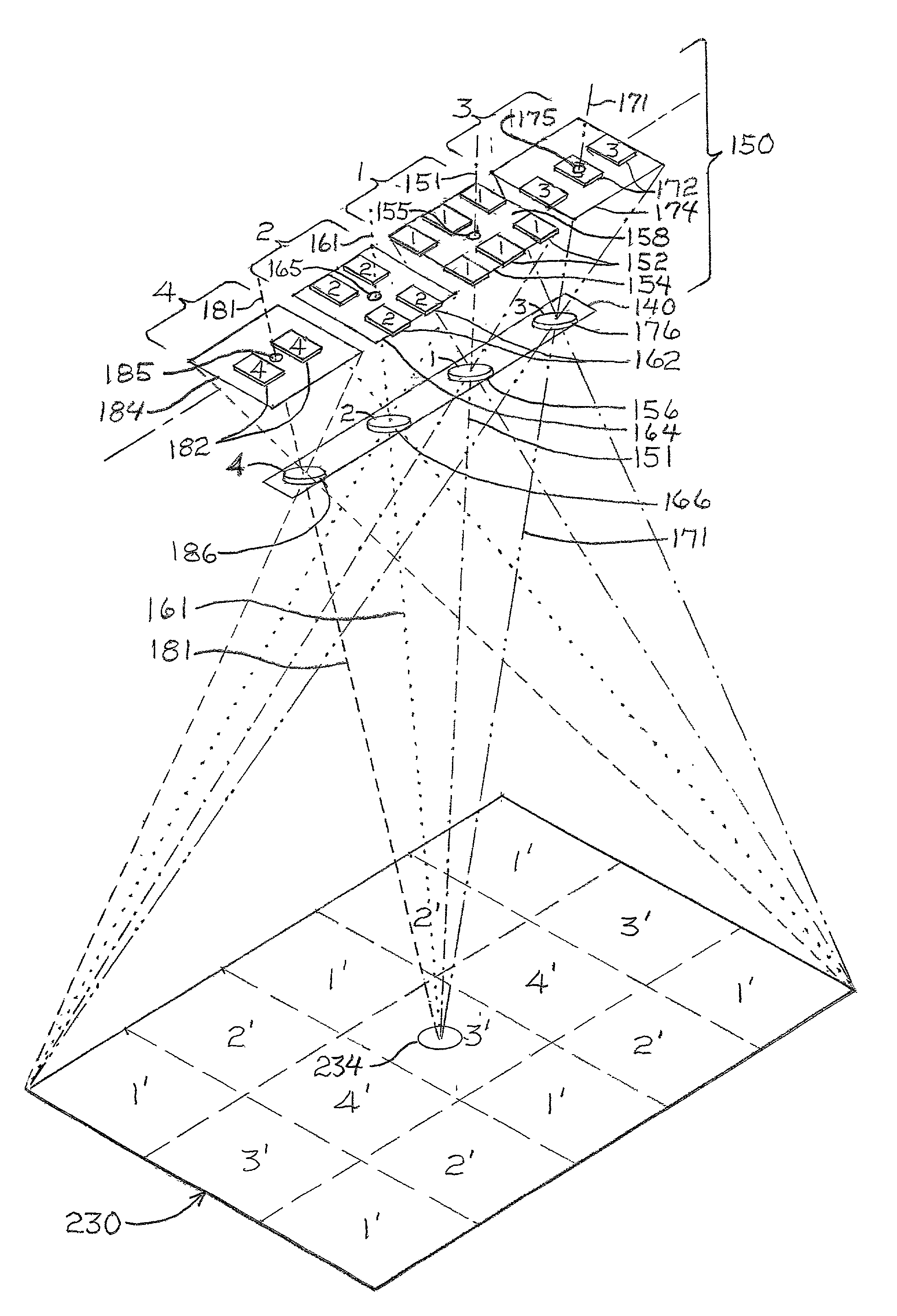 Self-calibrating, digital, large format camera with single or multiple detector arrays and single or multiple optical systems