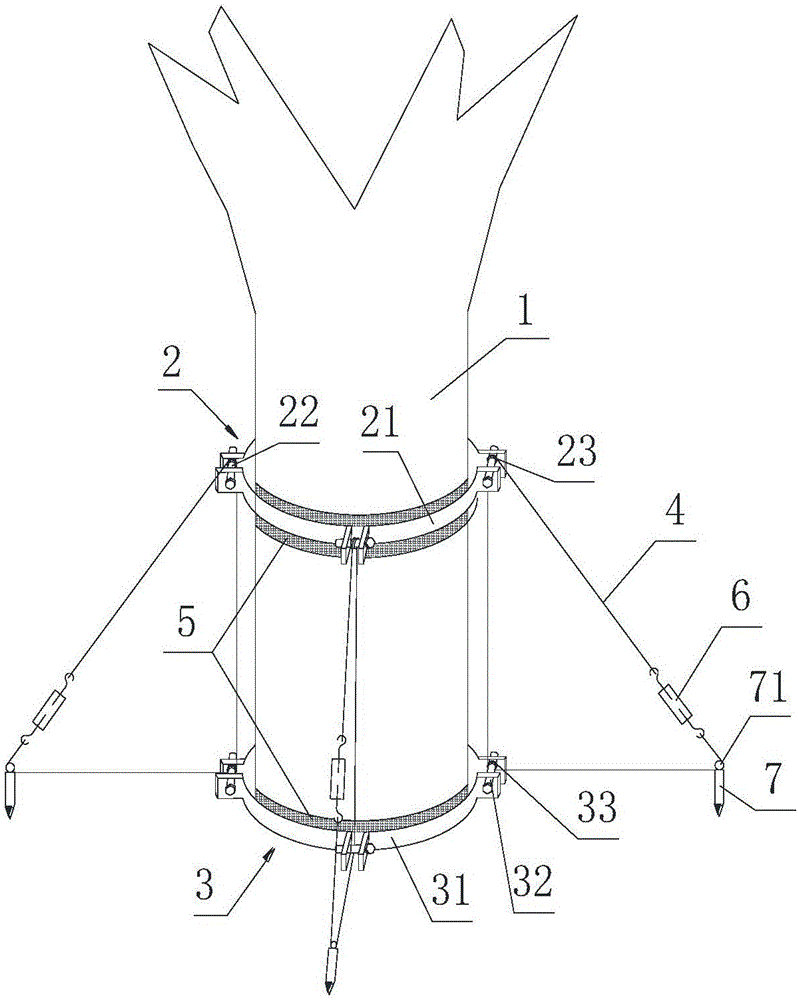 Water-power-engineering big-old-tree transplanting tree-body fixing device and installing method