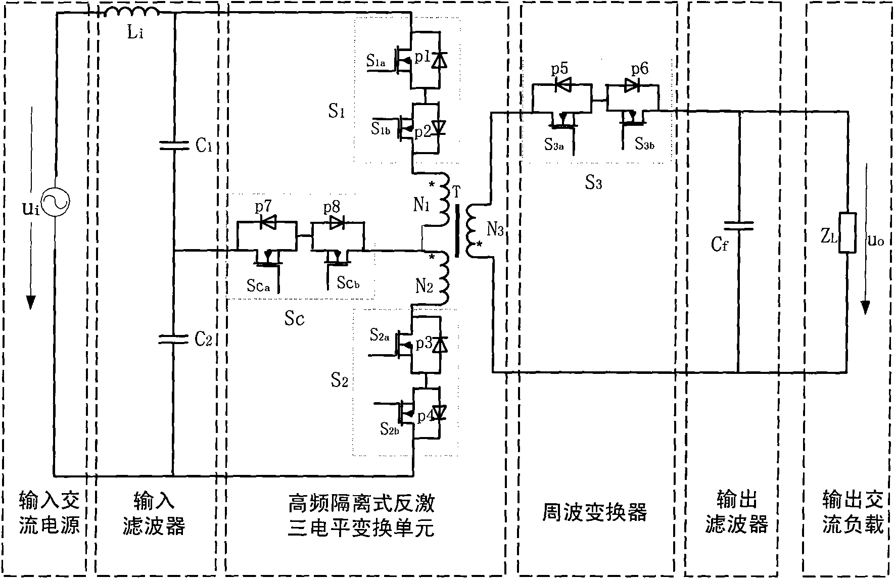 High frequency isolated AC-AC mode three-level AC-AC converter based on flyback converter