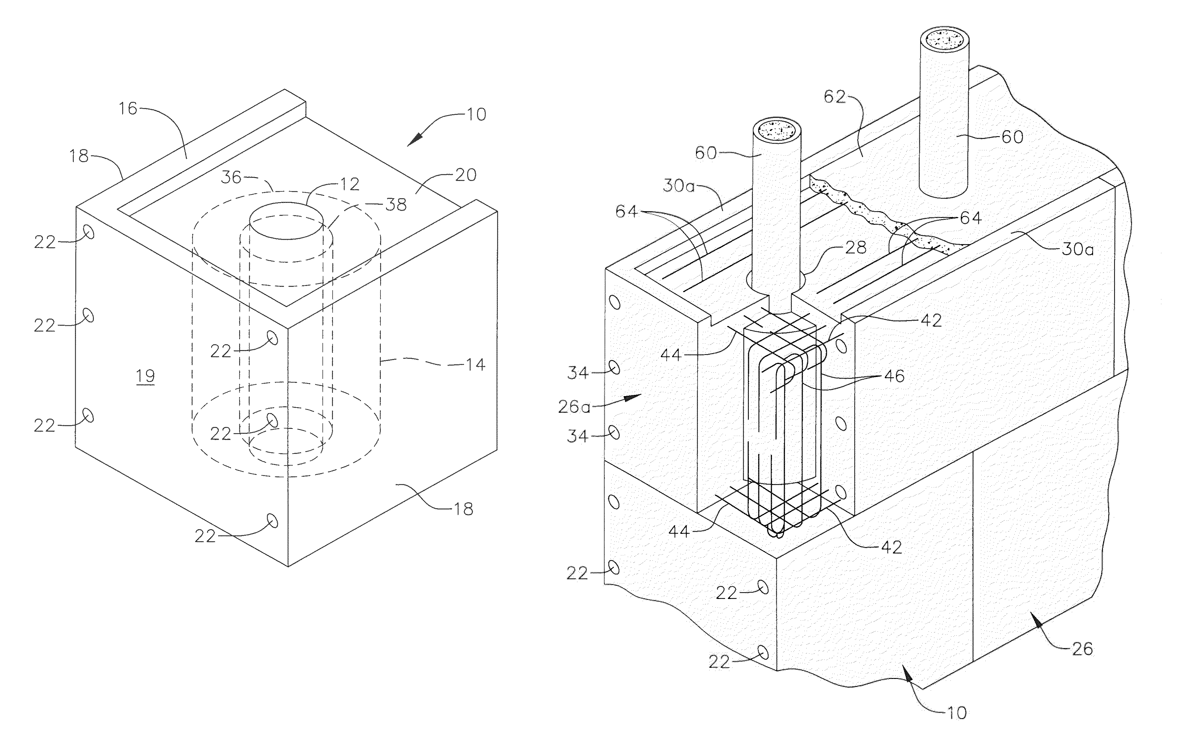 System of stacked concrete blocks, each block having a tire wall stack therewithin surrounding a hollow core through which a vertical reinforcing member extends and reinforcing bars in mortar in void between adjacent blocks