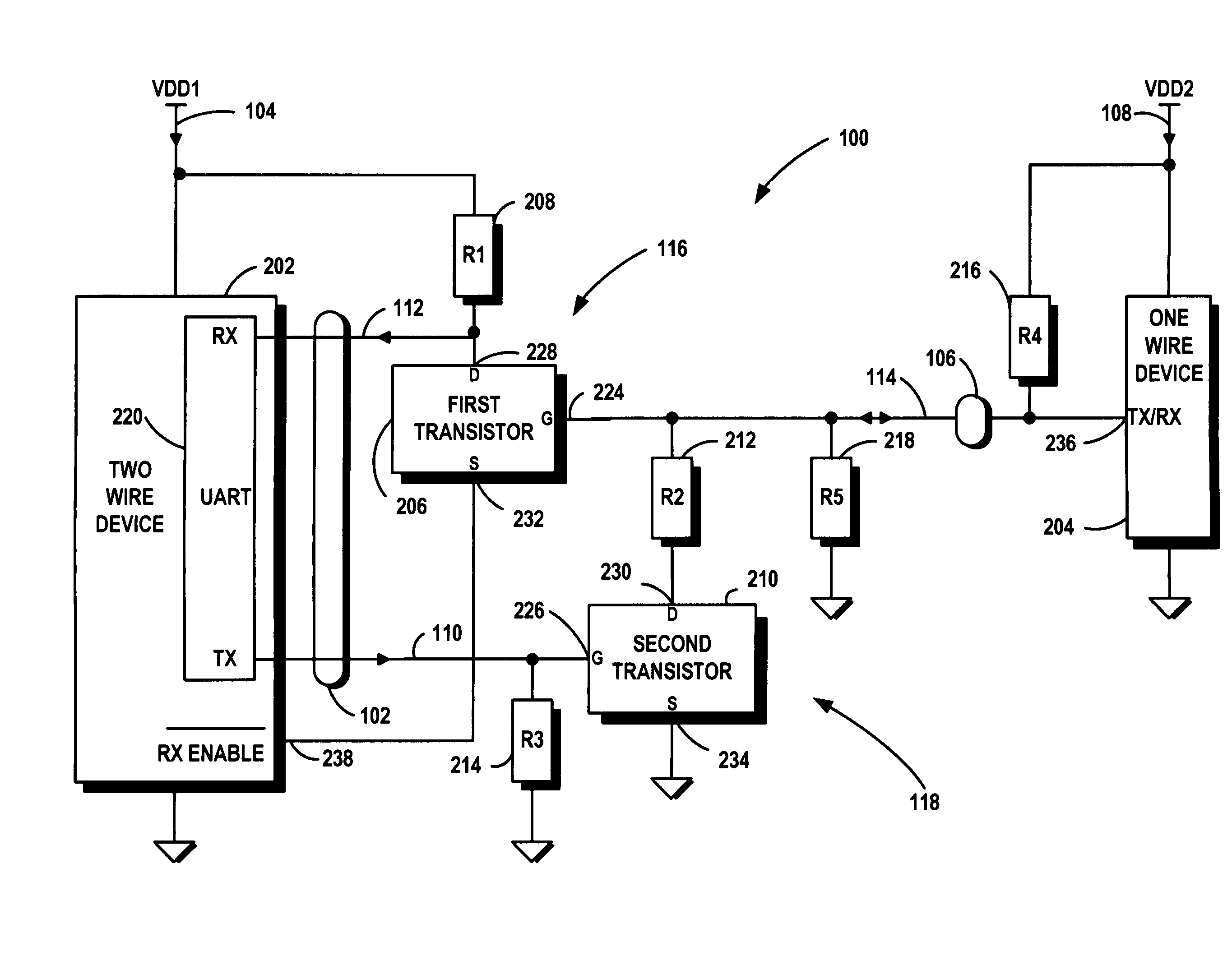 Level shifting multiplexing circuit for connecting a two conductor full duplex bus to a bidirectional single conductor bus