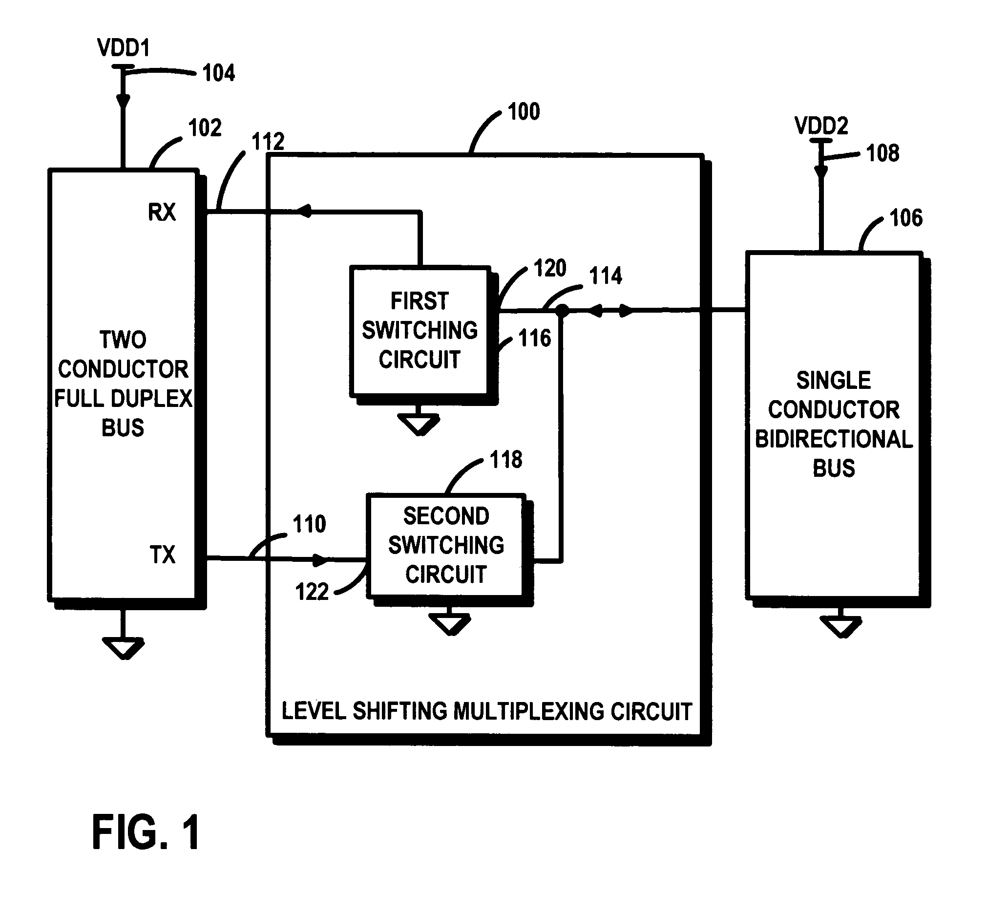 Level shifting multiplexing circuit for connecting a two conductor full duplex bus to a bidirectional single conductor bus