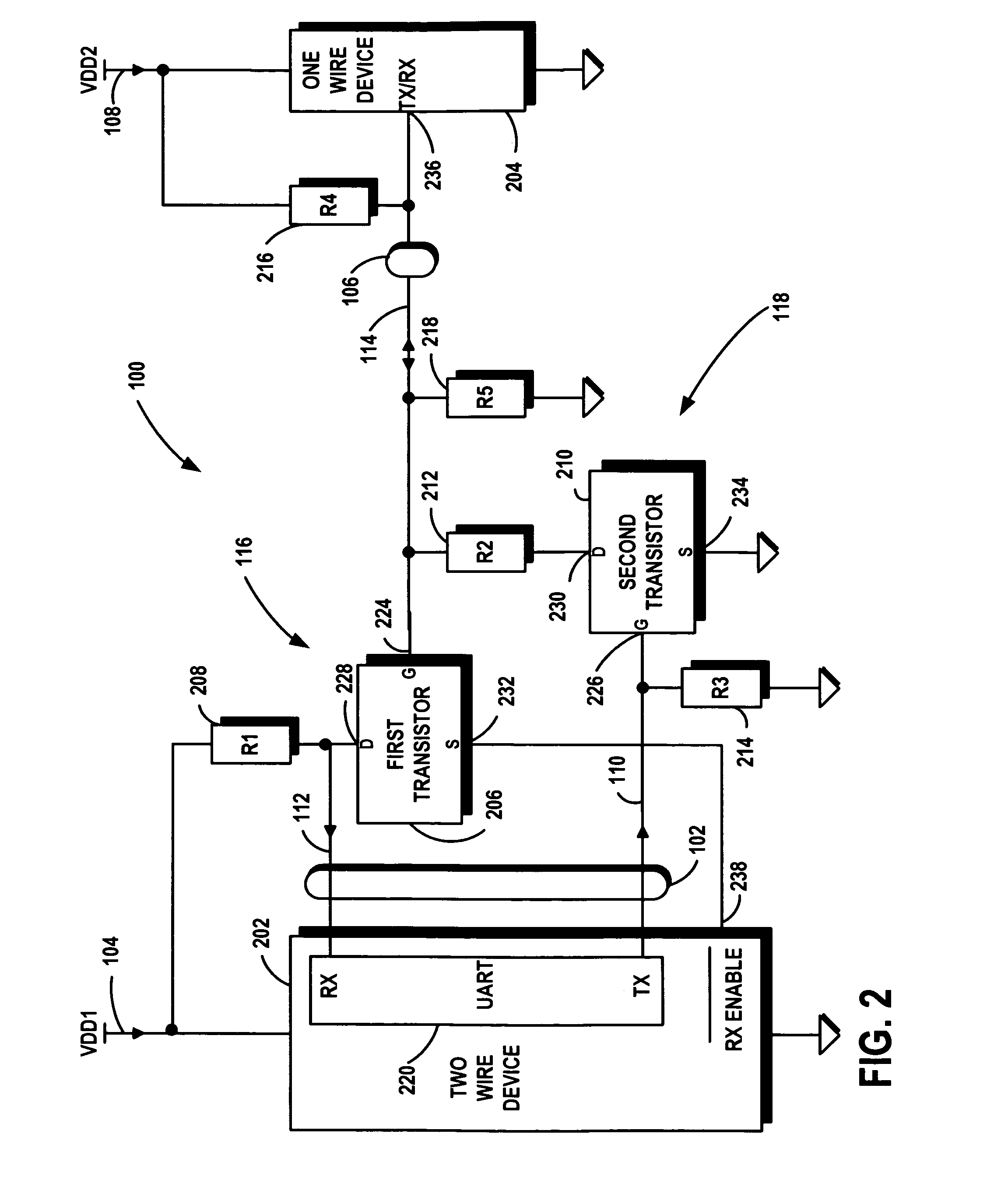Level shifting multiplexing circuit for connecting a two conductor full duplex bus to a bidirectional single conductor bus