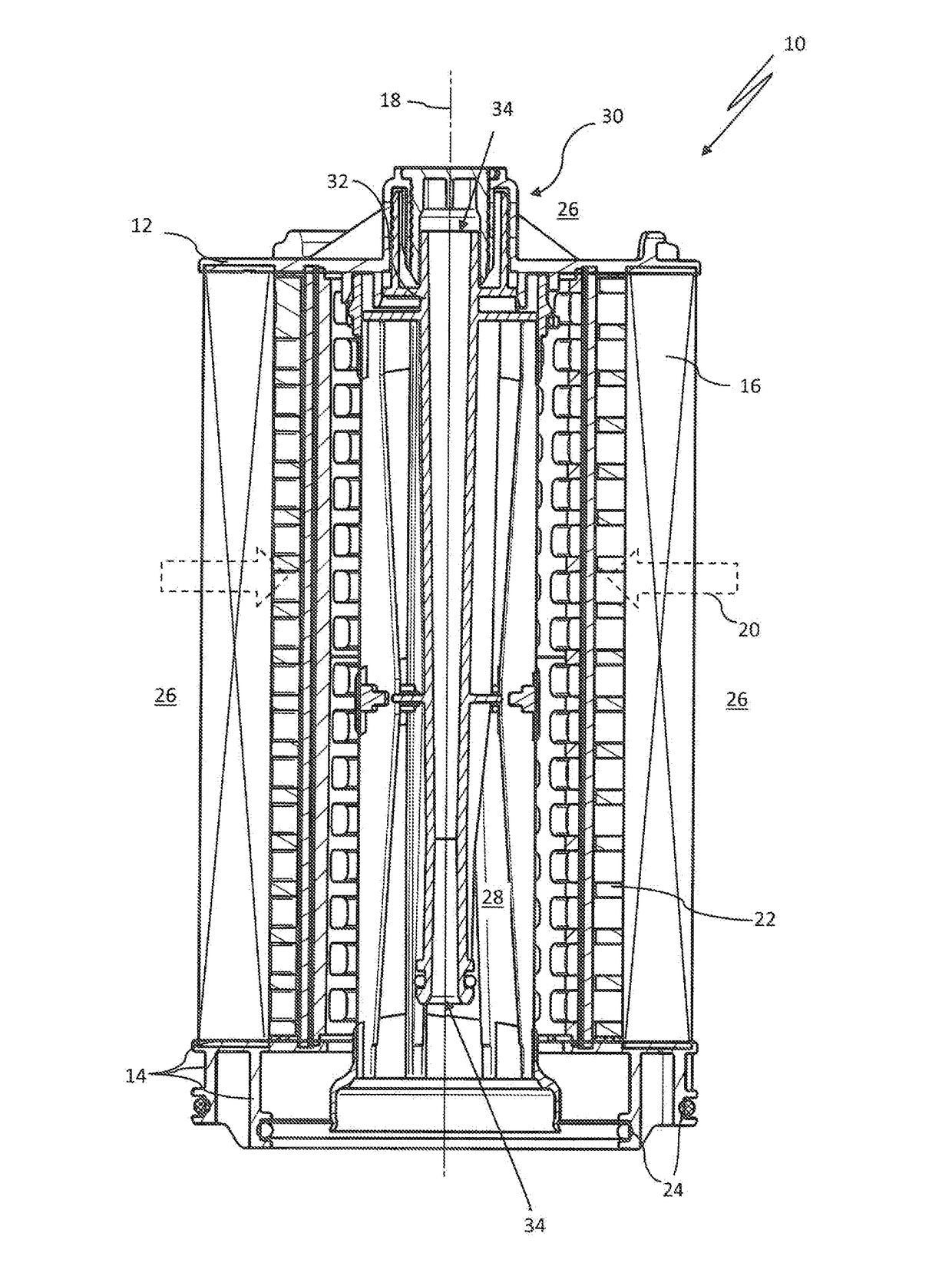 Filter element and filter system for a liquid medium with ventilation on the post-filtration side and on the pre-filtration side