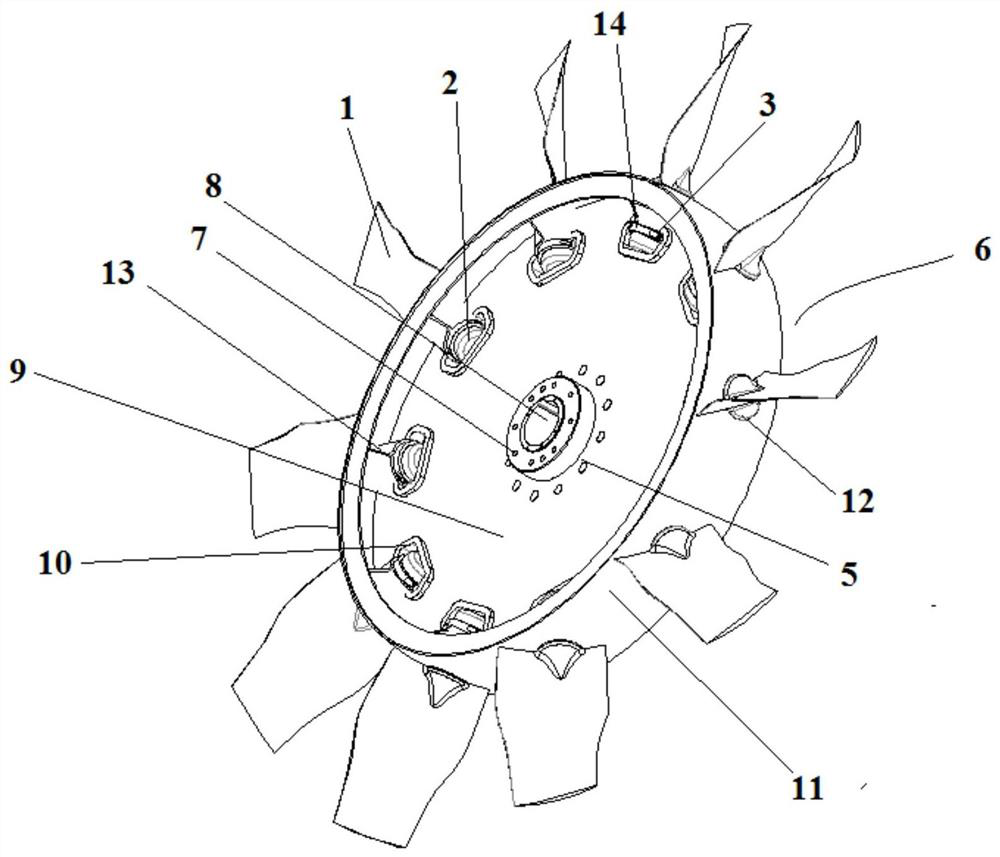 Integrally-formed bent-swept combined blade, impeller and axial flow fan