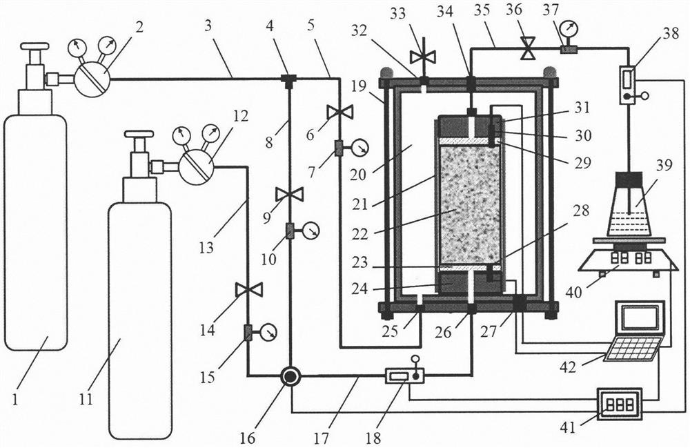 Device for testing gas permeability of alkaline cured sample under influence of carbonization and operation method