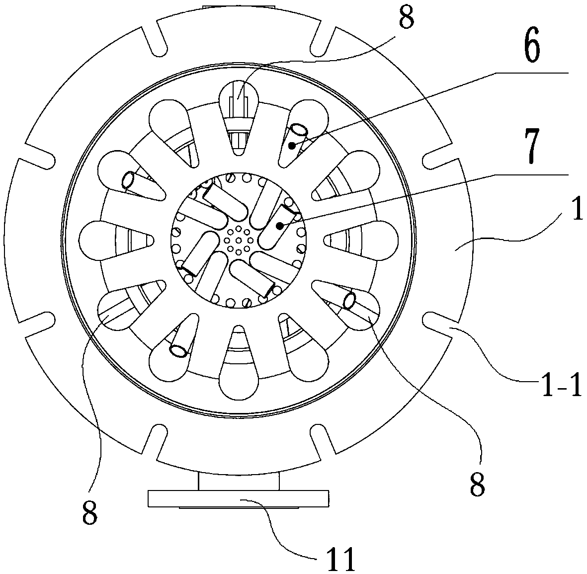 Gas burner combustion injection device with dispersed free flame and low NOx