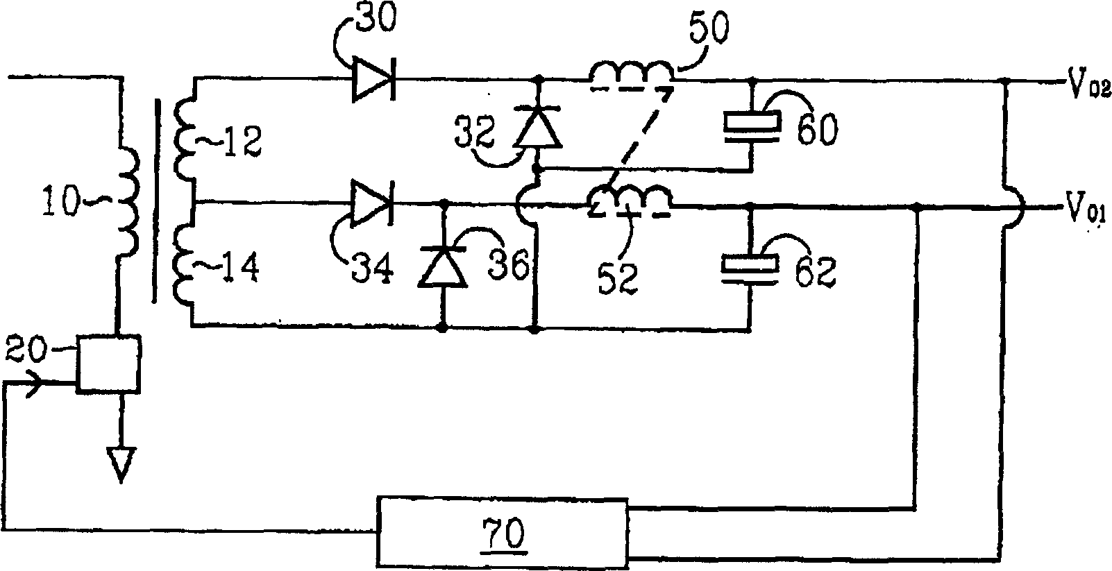 Multiple output converter with improved cross regulation