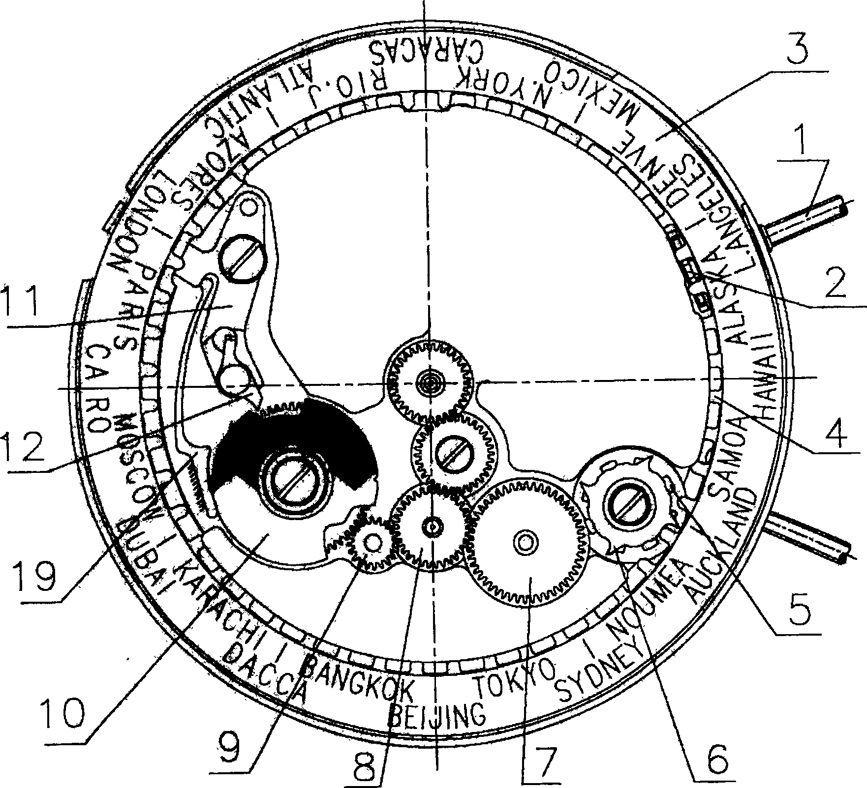 Time indication mechanism of two time zone of universal watch