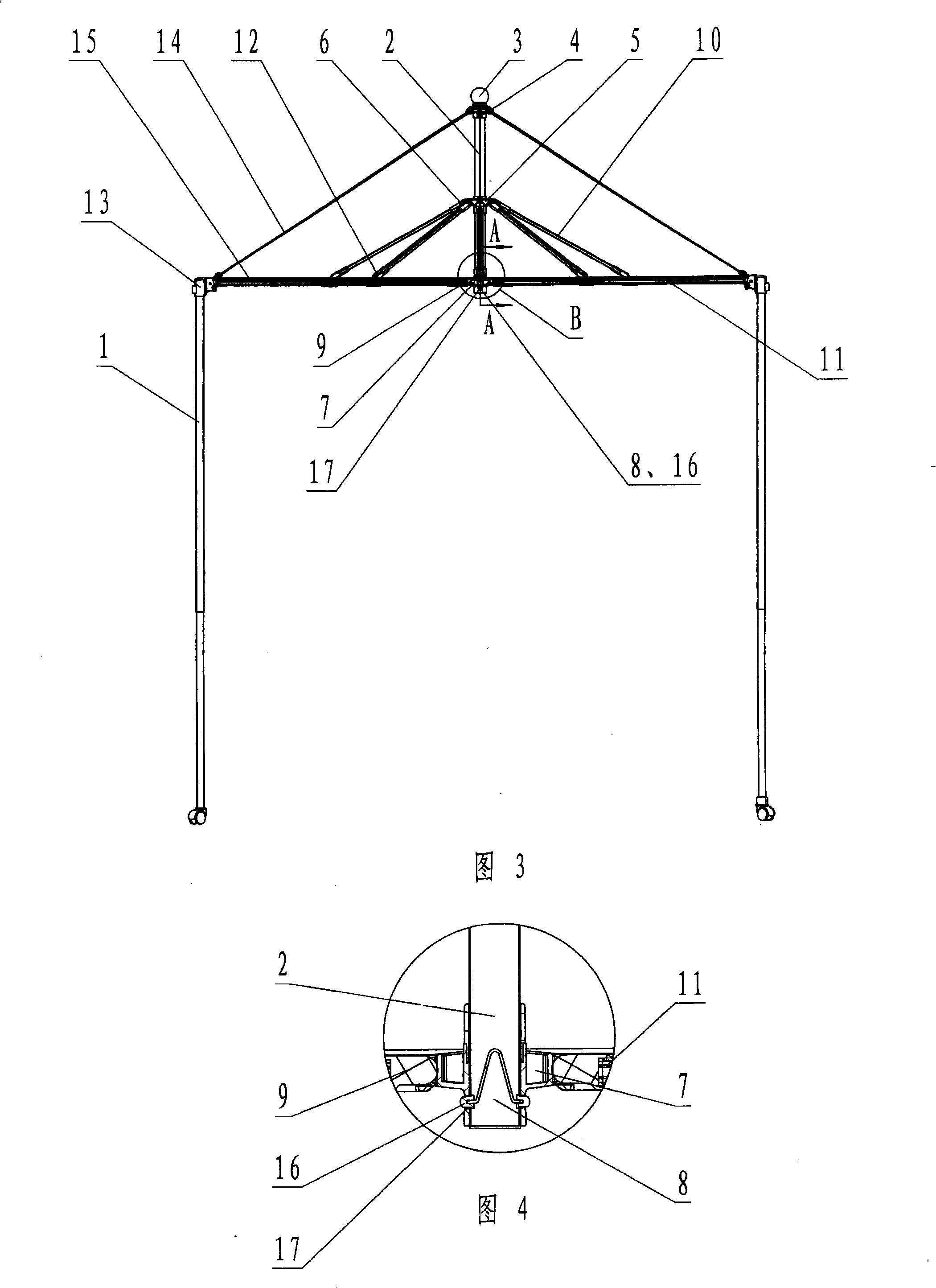 Folding stay-supported tent frame
