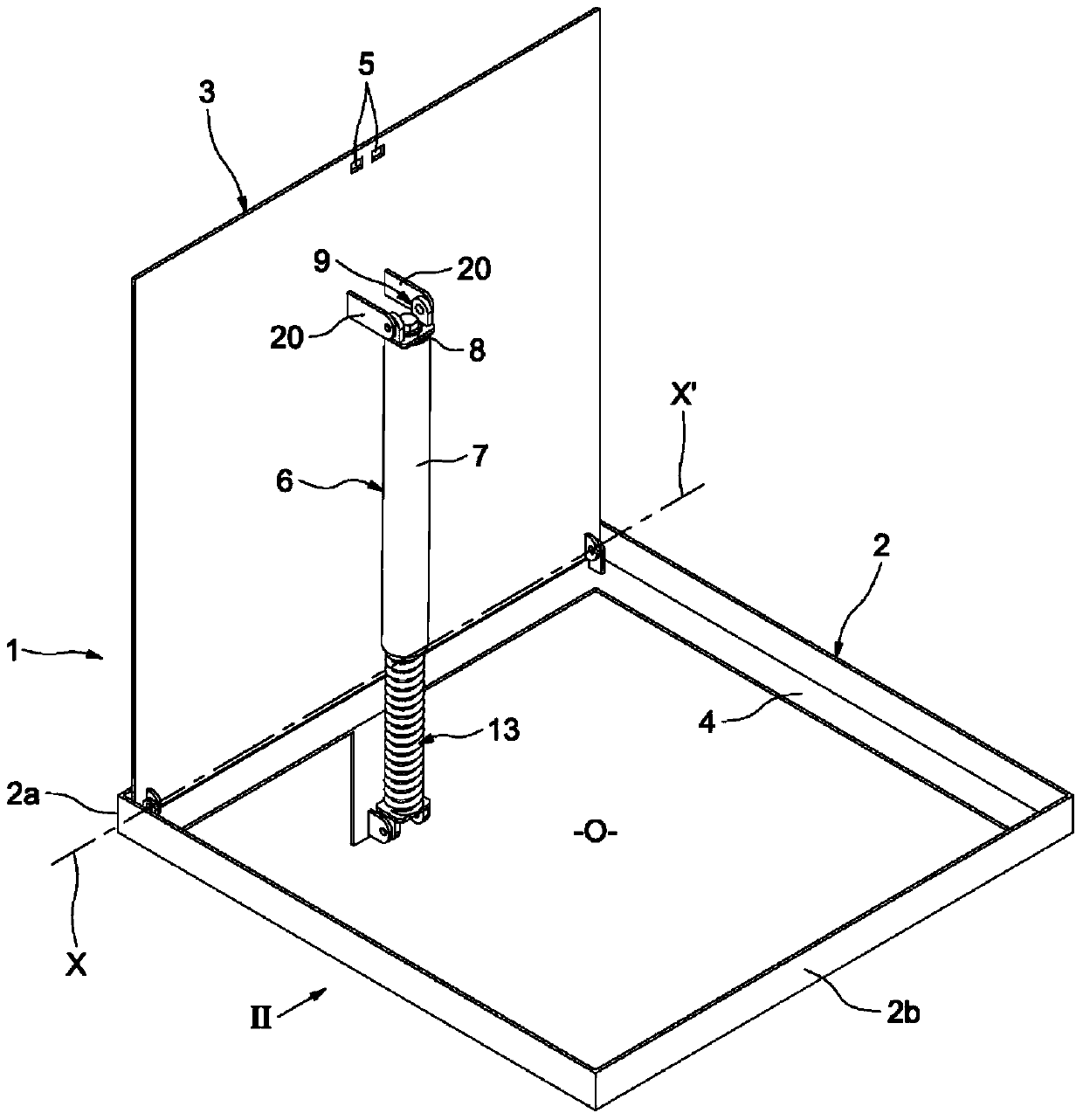 Device to assist the opening of covering element pivotably mounted relative to edge of frame