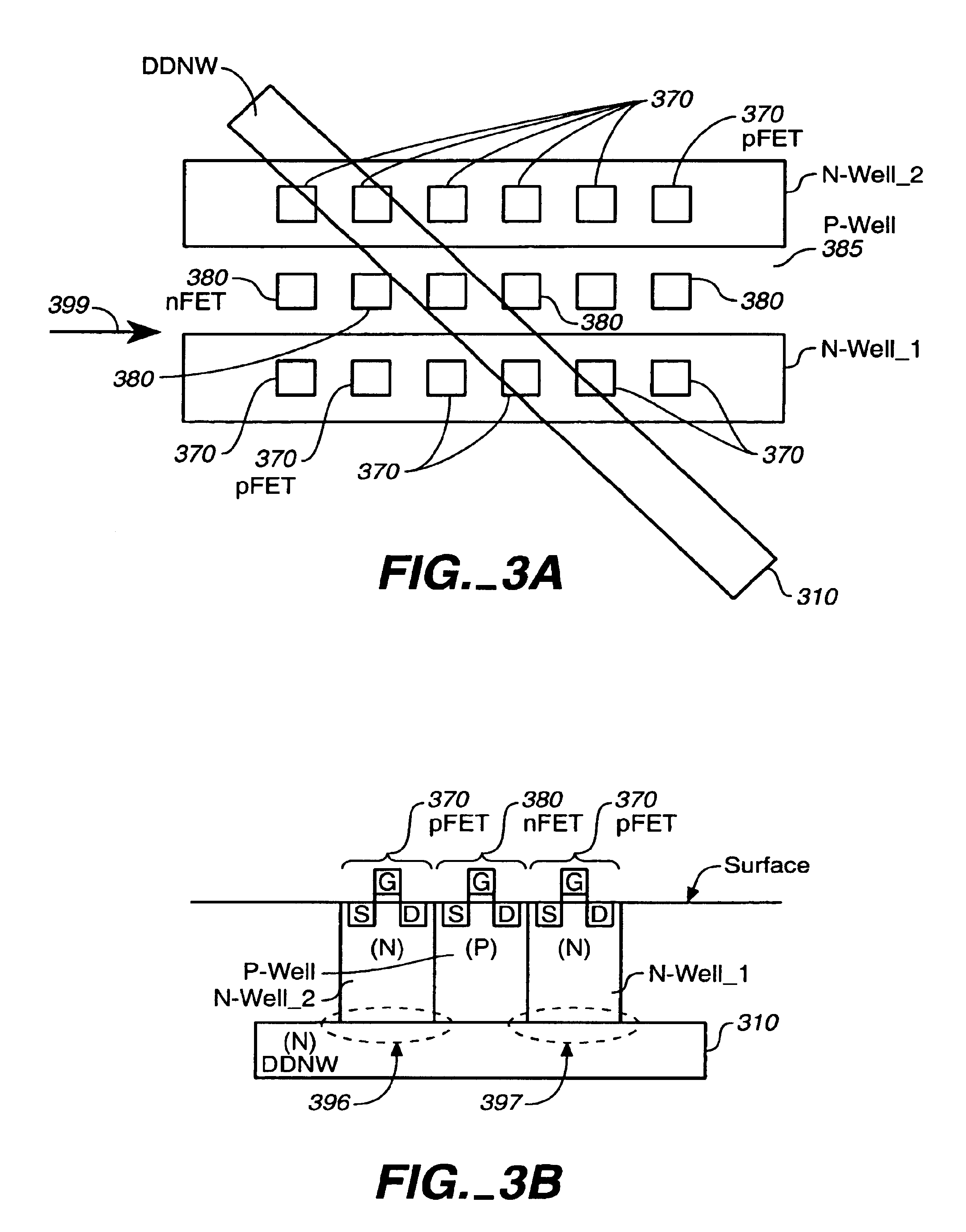 Diagonal deep well region for routing body-bias voltage for MOSFETS in surface well regions