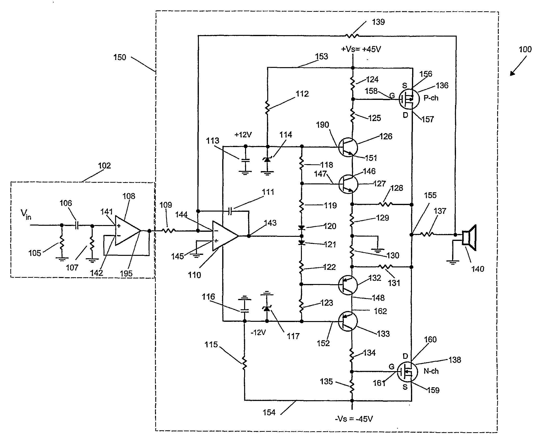 Medium Voltage or High Voltage Audio Power Amplifier and Protection Circuit
