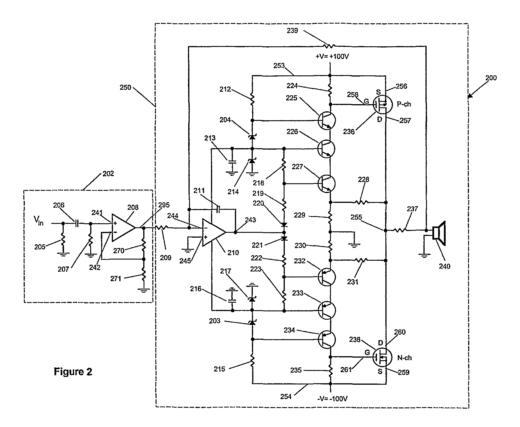 Medium Voltage or High Voltage Audio Power Amplifier and Protection Circuit