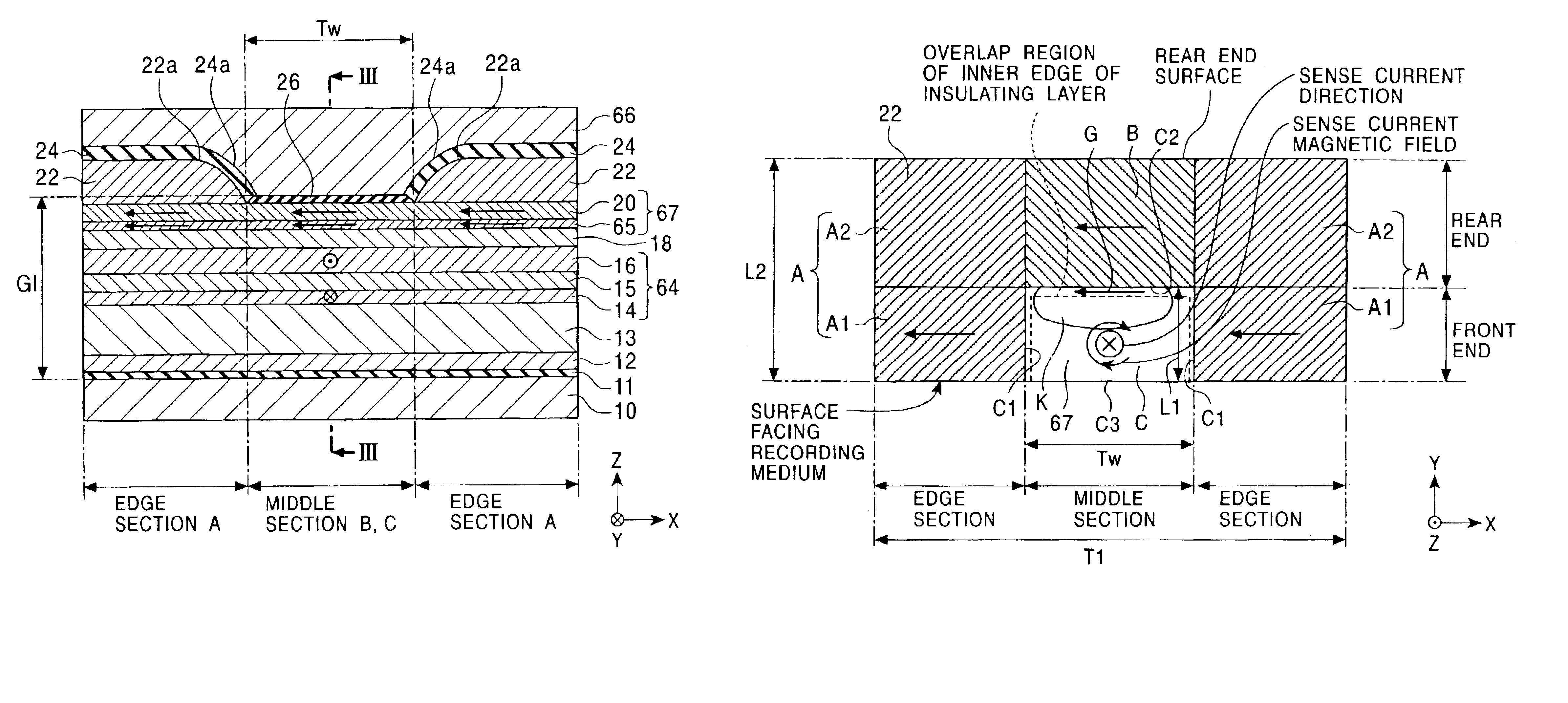 Magnetic sensing element having second antiferromagnetic layer on edge sections and rear end of a middle section of free magnetic layer